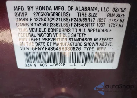 2009 Honda Pilot Ex-L z USA, uszkodzony, nr VIN 5FNYF48549B030626